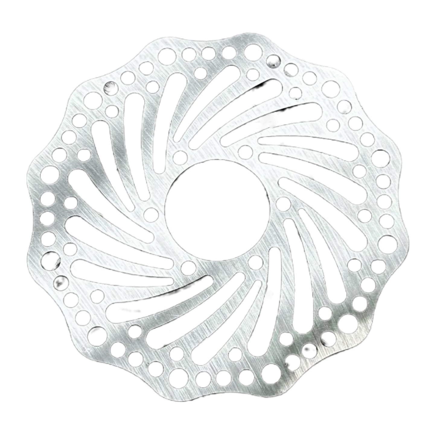 Metallic disc brake rotor on a white background