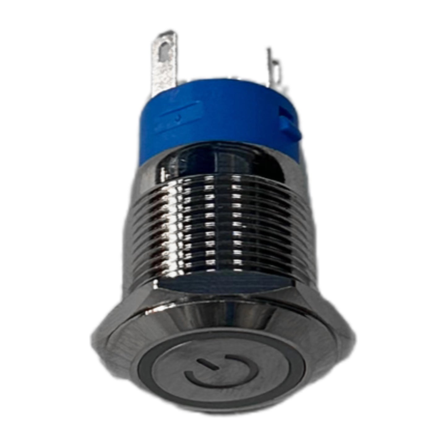 Metallic switch with blue top and black base on a white background