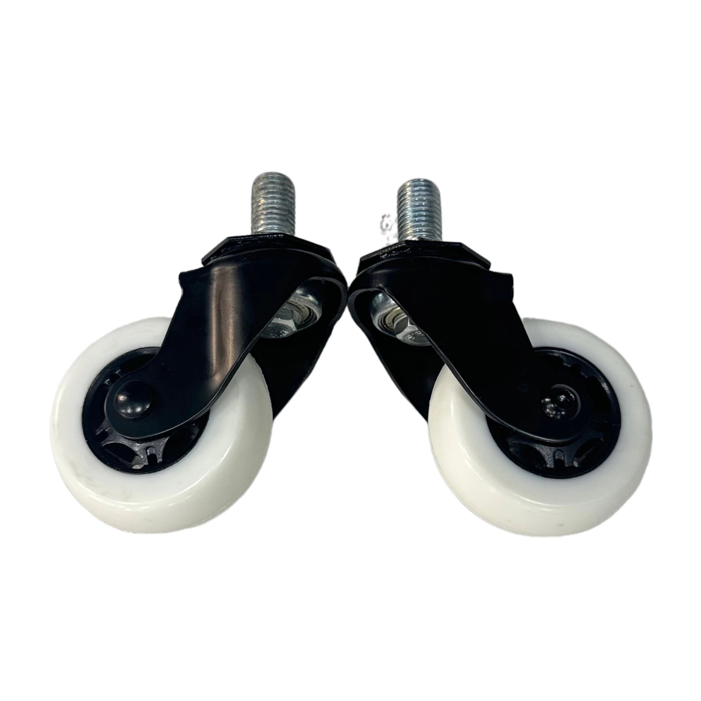 Two black caster wheels with white wheels on a white background