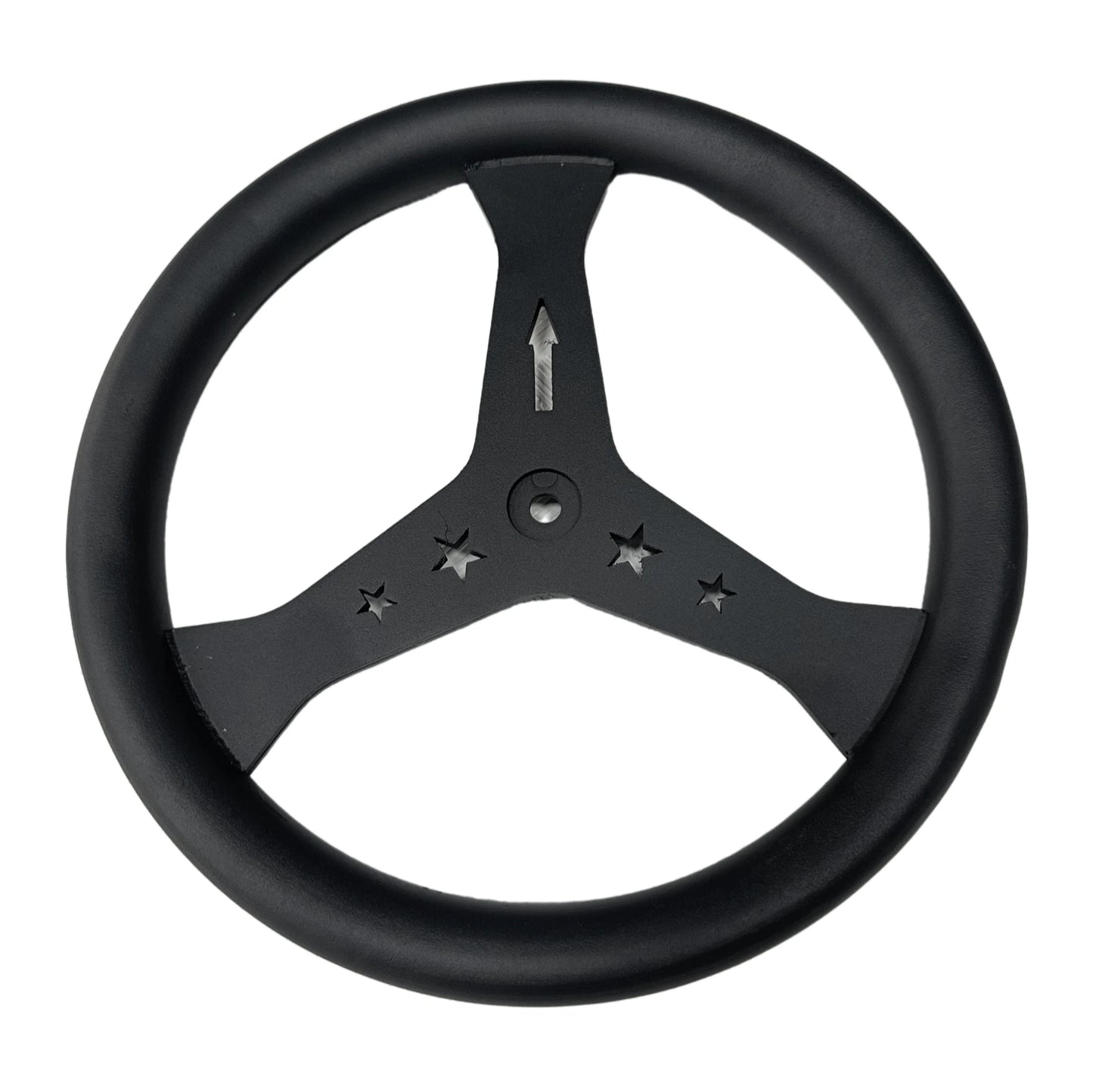 Black steering wheel with star patterns on a white background