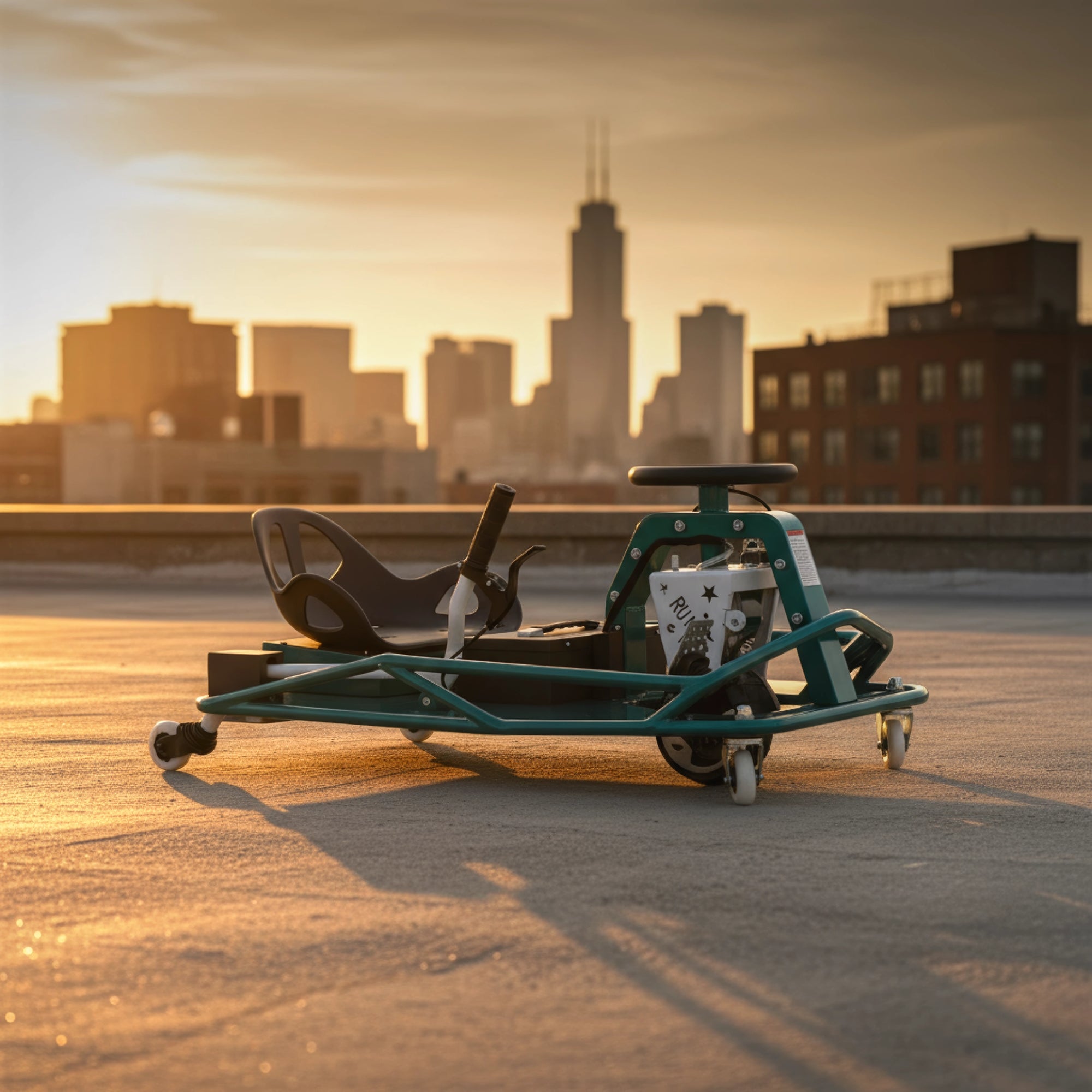 Gokart on a rooftop with a city skyline in the background during sunset.