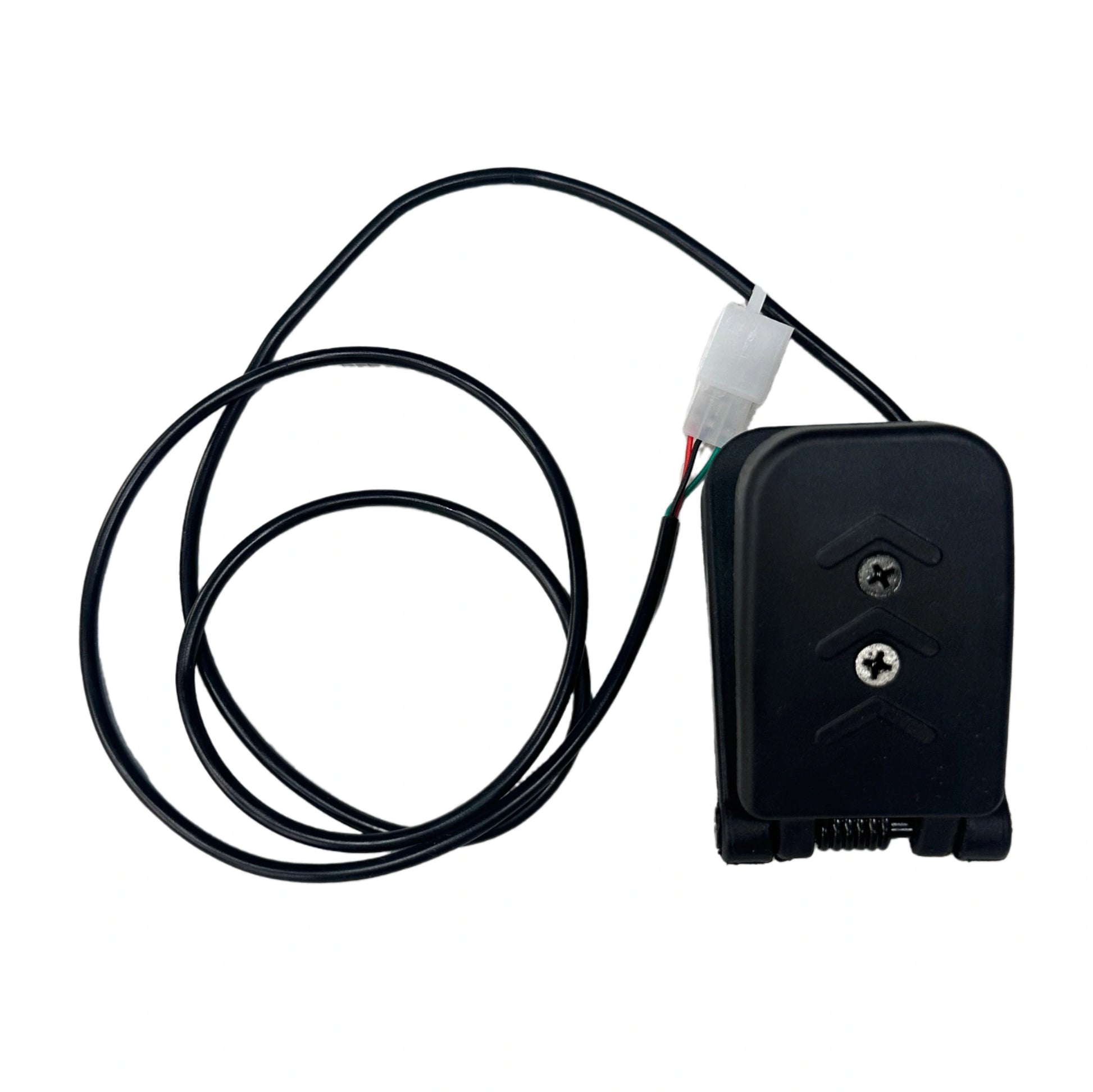 Black electronic device with a cable on a white background
