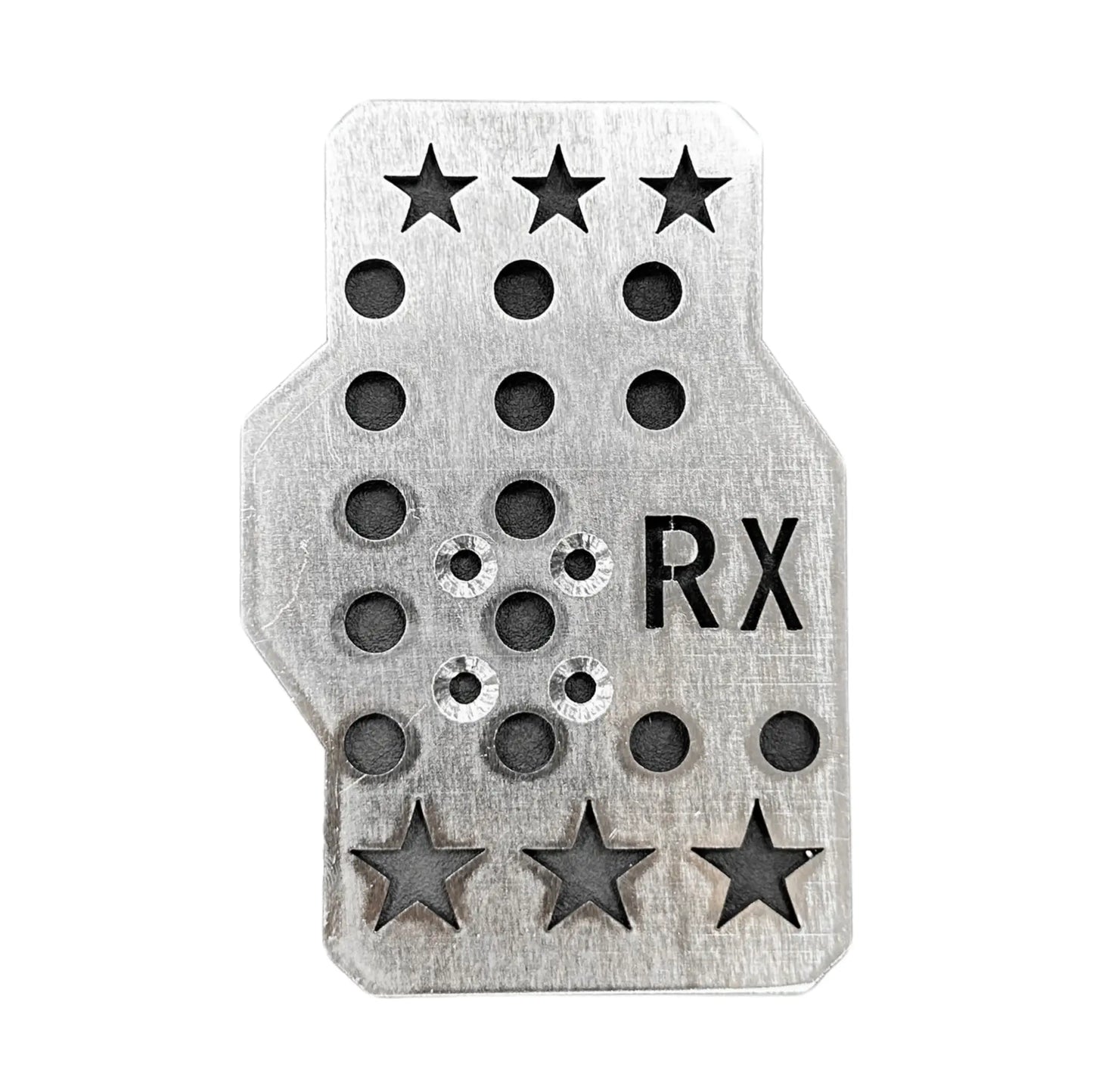 Metallic gas pedal cover with star-shaped holes and 'RX' marking on a white background