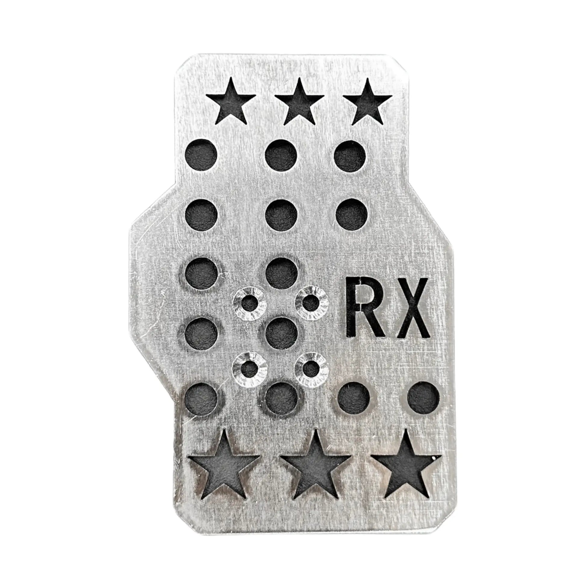 Metallic gas pedal cover with star-shaped holes and 'RX' marking on a white background
