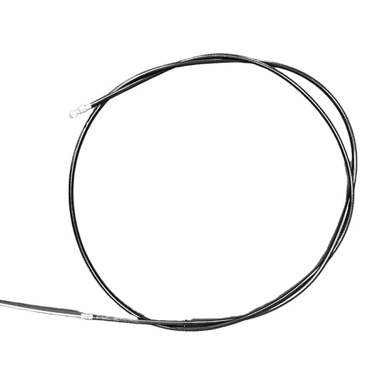 Coiled black brake cable on a white background