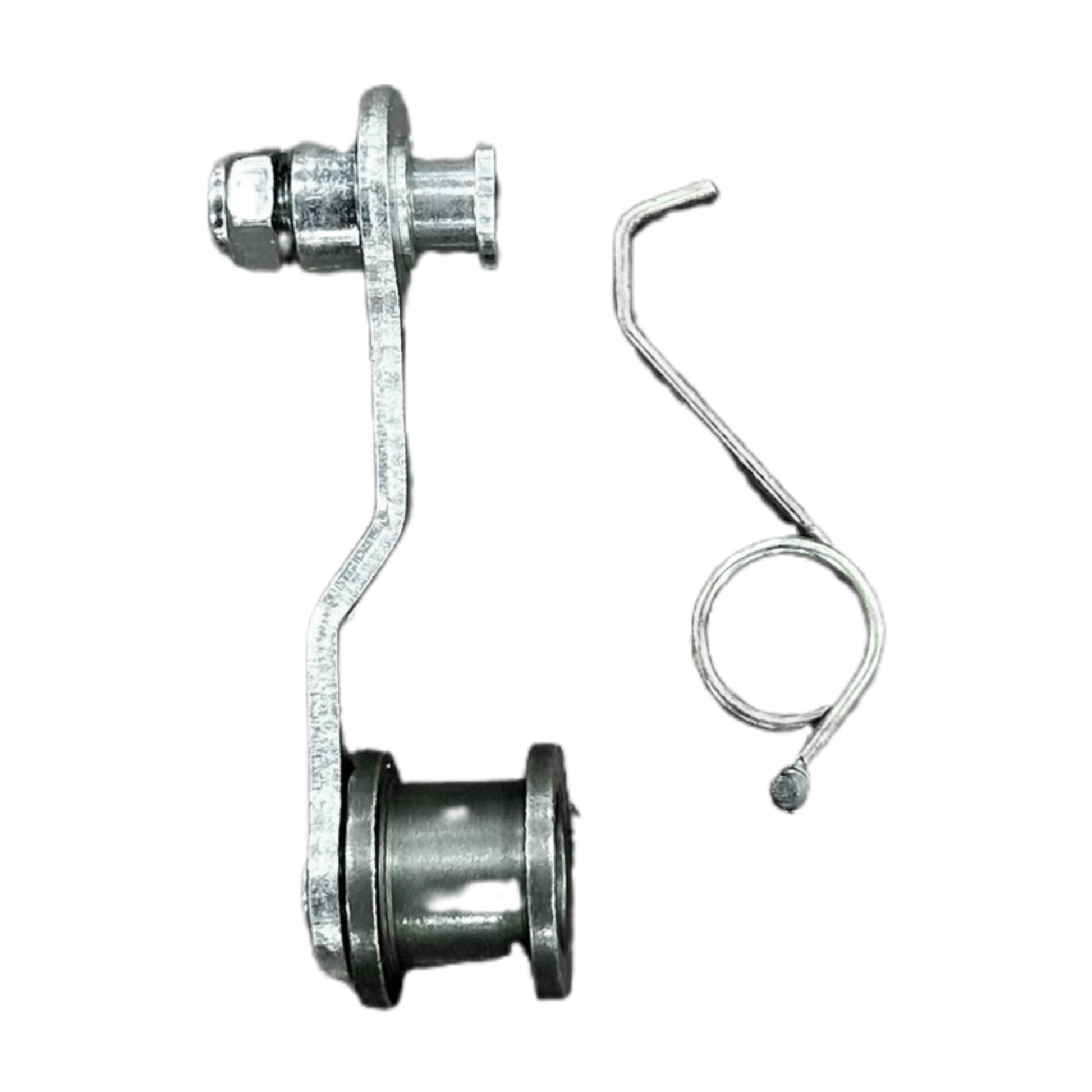 Metal chain tension wheel with a spring on a white background