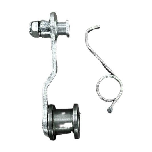 Metal chain tension wheel with a spring on a white background