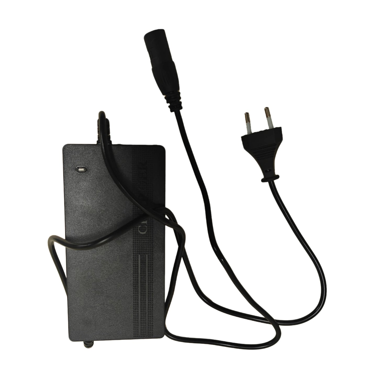 Black power adapter with plug on a white background