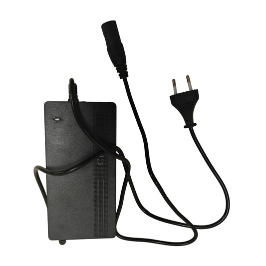 Black power adapter with plug on a white background