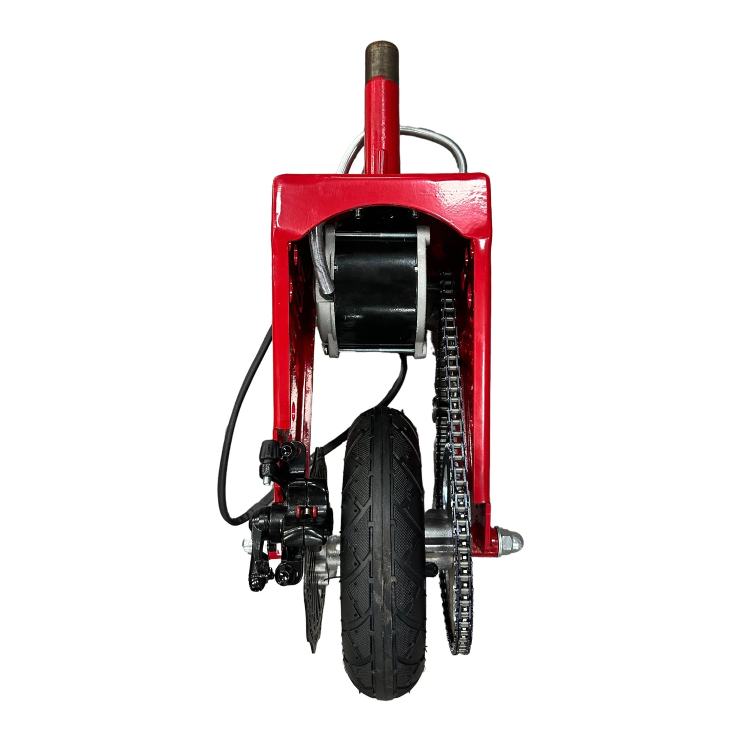 Red electric go-kart fork with motor and chain on a white background