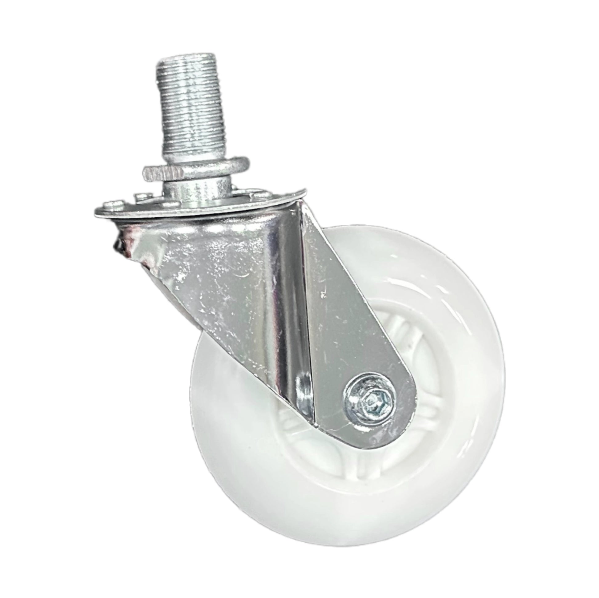 Caster wheel with a white rubber tire and metal mounting bracket on a white background