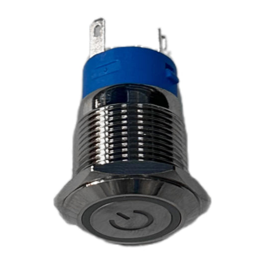 Metallic switch with blue top and black base on a white background