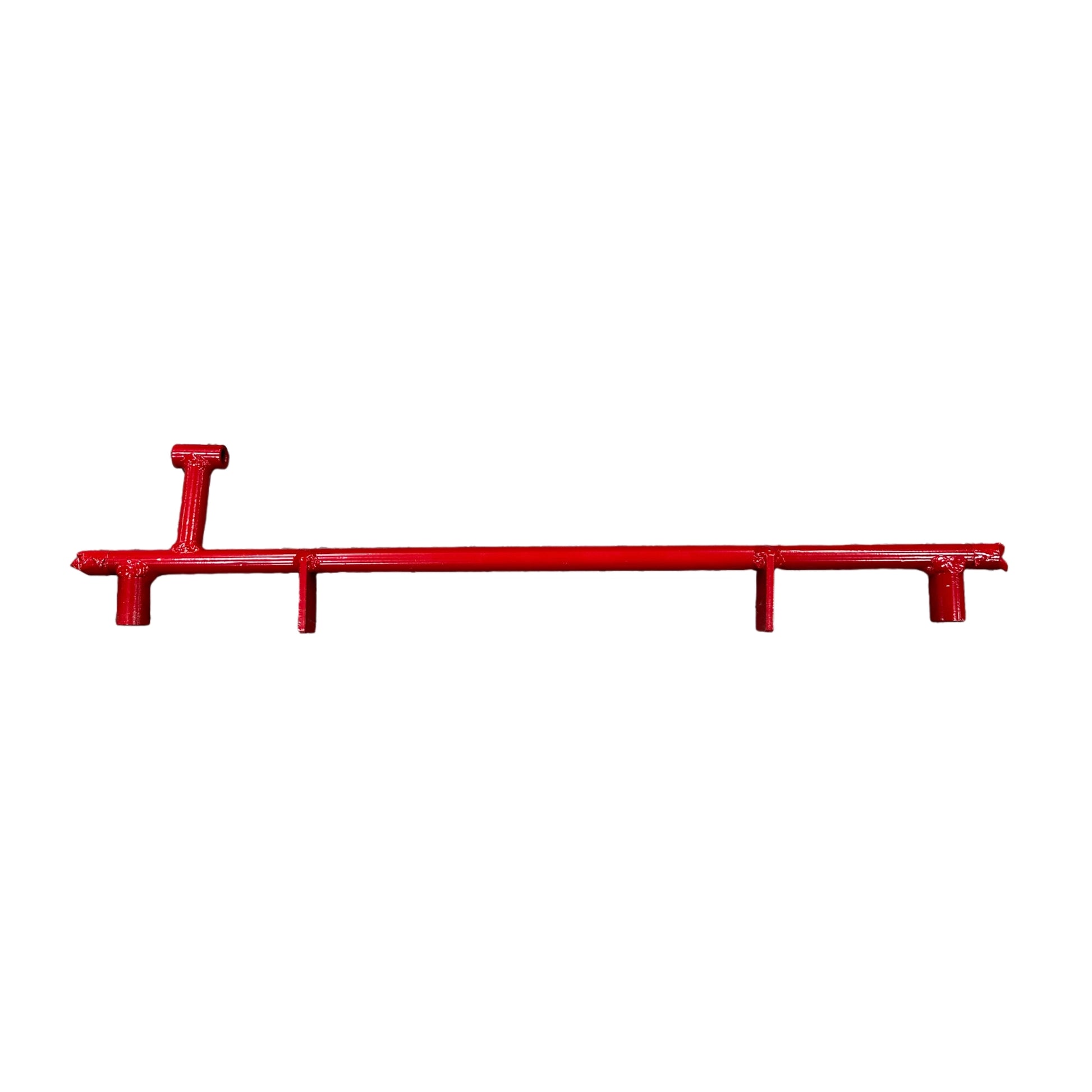 Red metal rod with multiple attachments on a white background