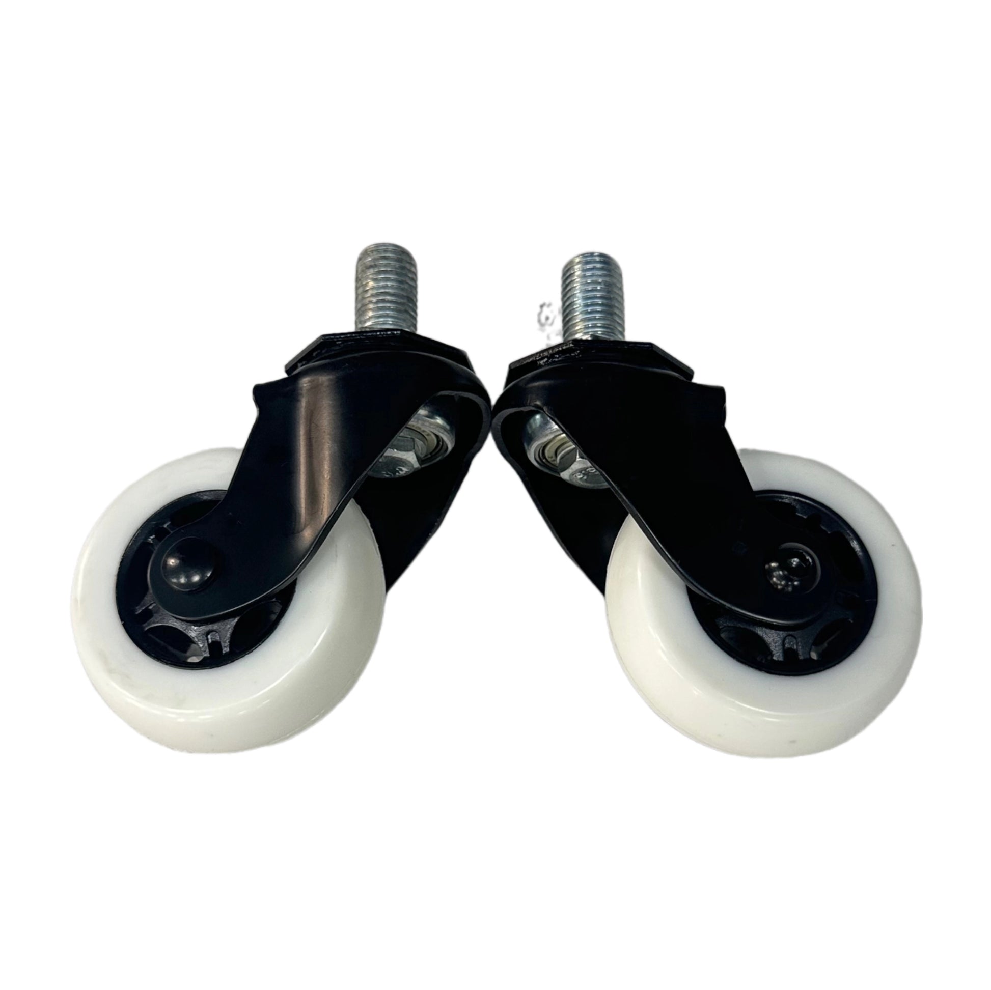 Two black caster wheels with white wheels on a white background