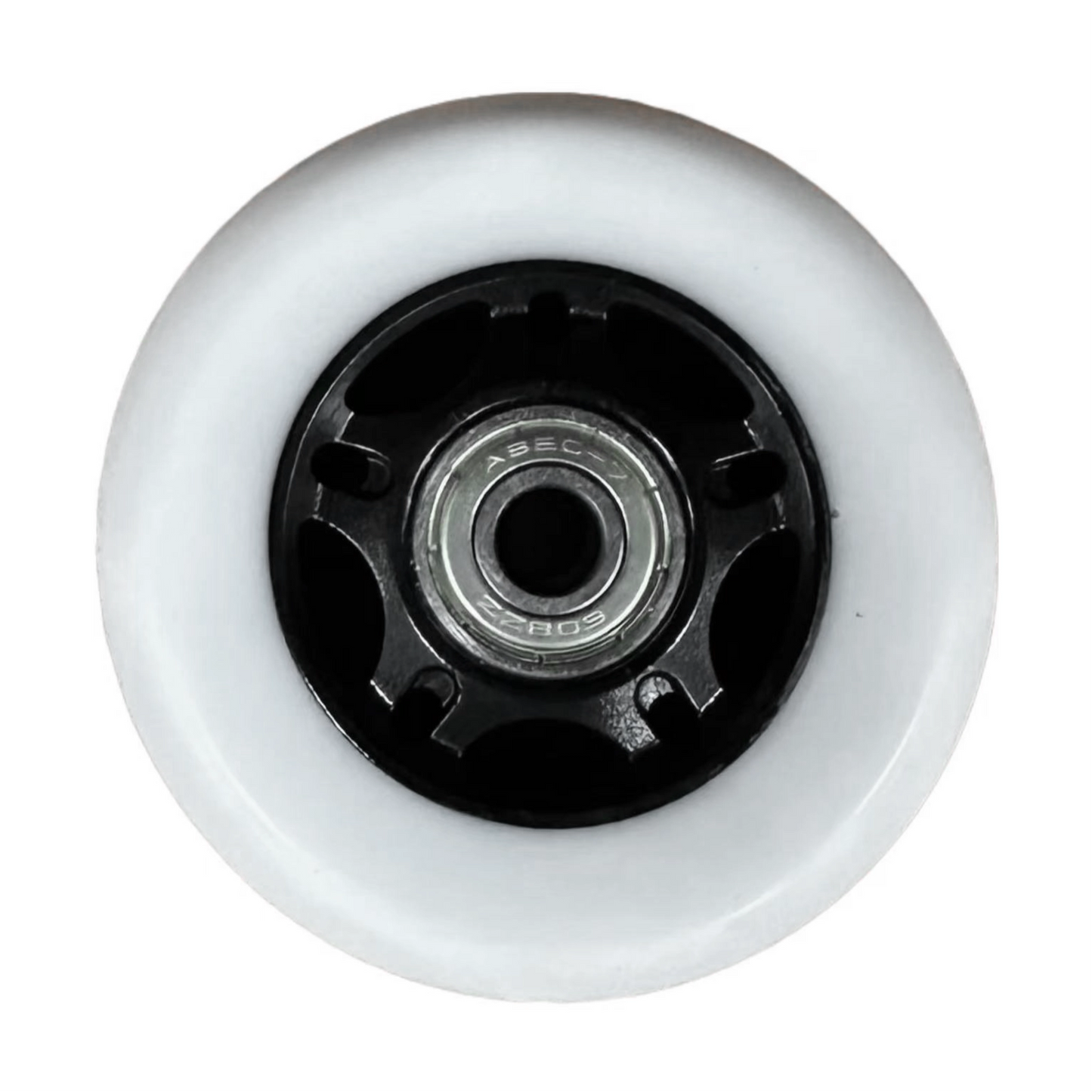 White scooter wheel with black center and ABEC bearing on a white background