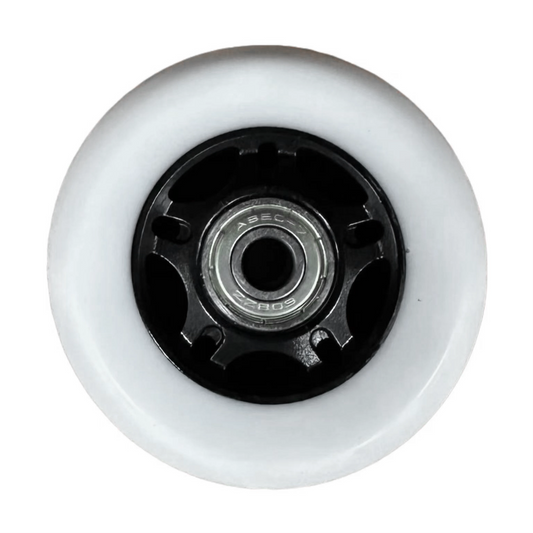 White scooter wheel with black center and ABEC bearing on a white background