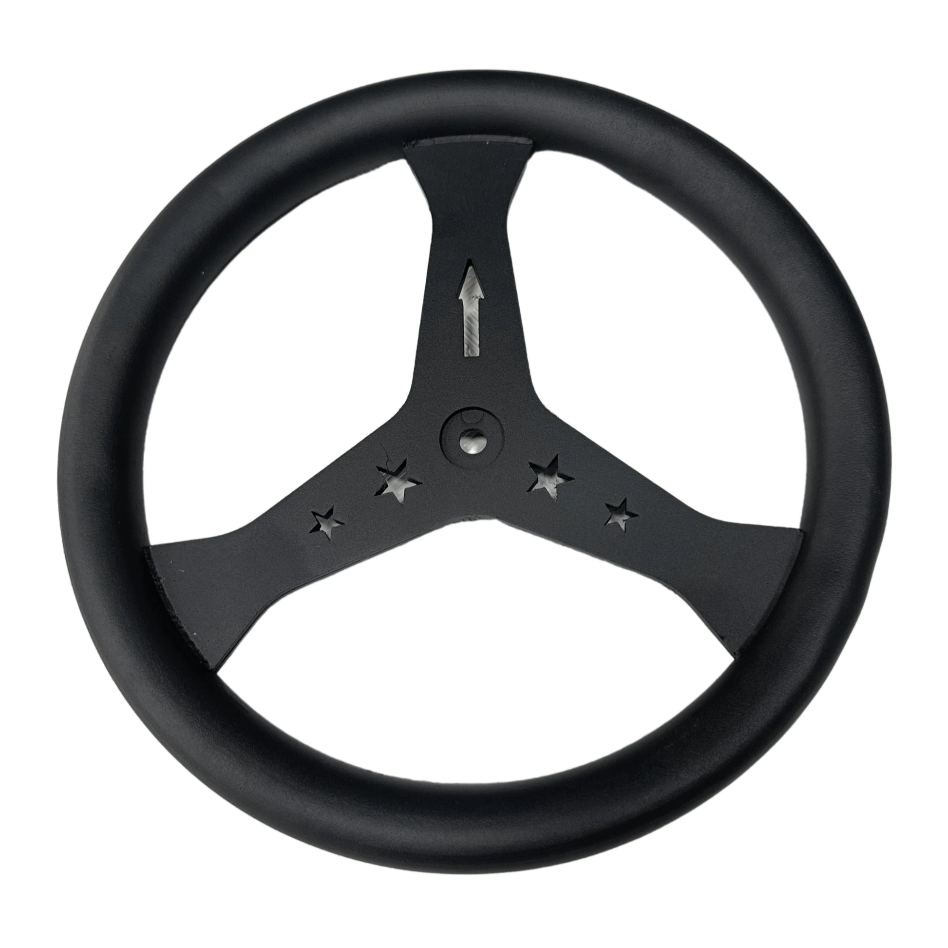Black steering wheel with star patterns on a white background