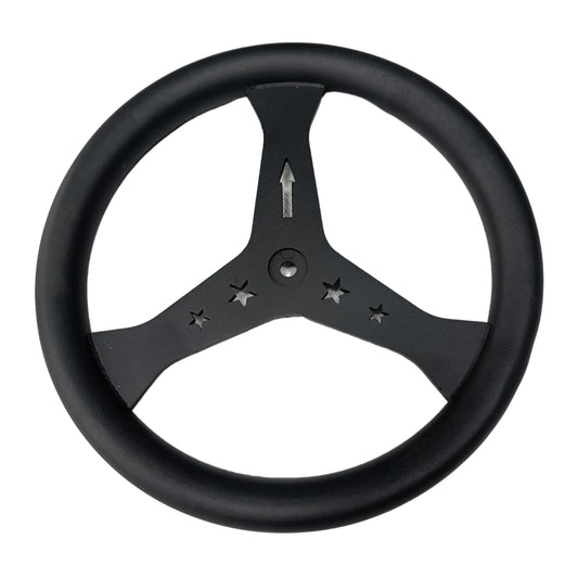 Black steering wheel with star patterns on a white background